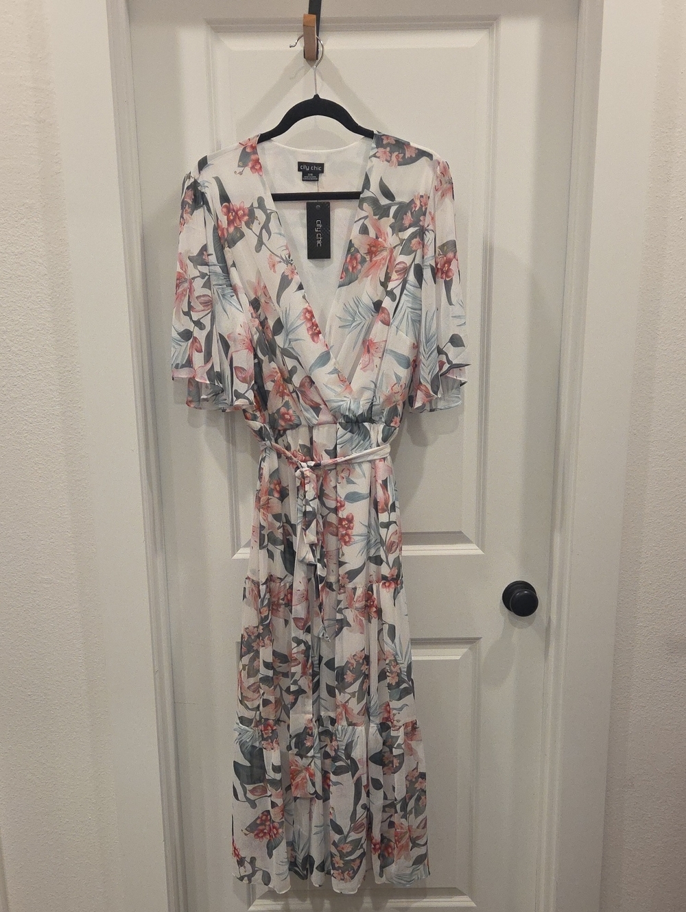 City Chic White Floral Maxi with Pink & Green Botanical Print